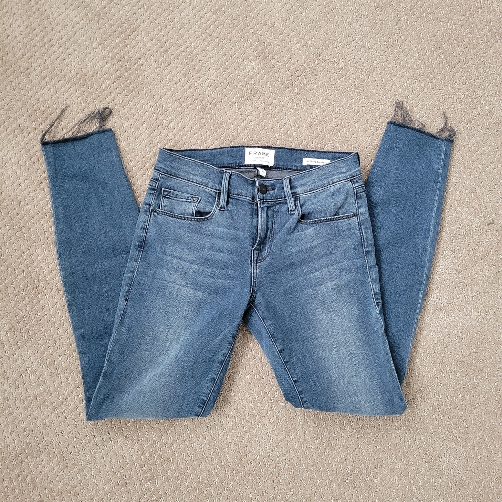 FRAME Le Skinny de Jeanne with Raw Hem in Gifford Blue Jeans Size 25 - Picture 3 of 13